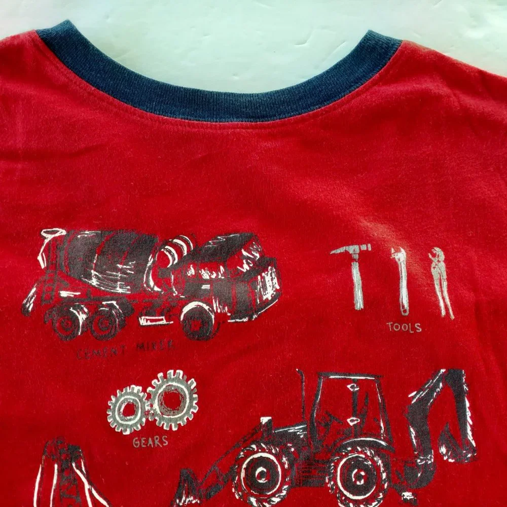 Gymboree Boys T-Shirt Red Construction Vehicles Ringer Short Sleeve Large 10-12